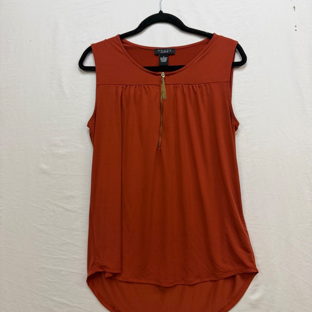 Grace the perfect fit Rust Orange Sleeveless Quarter Zip Tassel Blouse Small